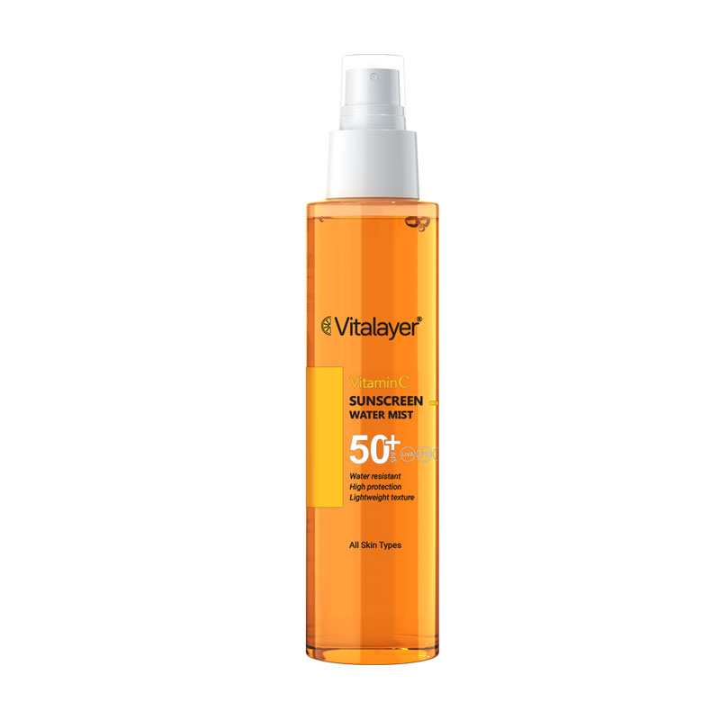 اسپری ضد آفتاب بدون رنگ ویتالیر SPF50 مدل Vitamine C، ضد آب، مناسب انواع پوست حجم 150 میلی‌لیتر
