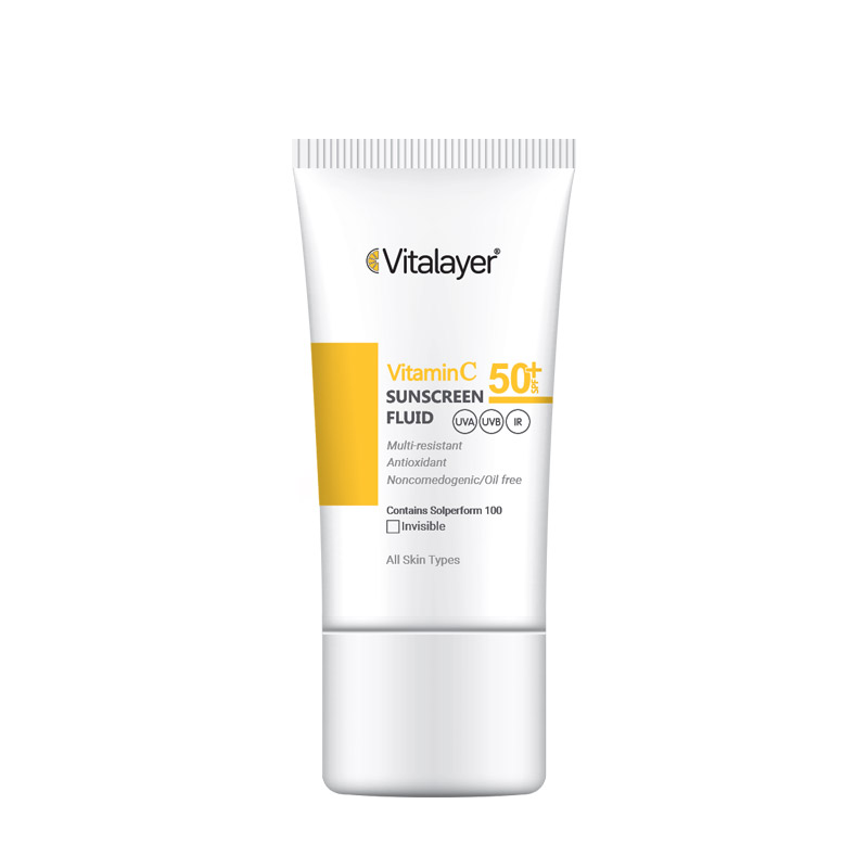 فلوئید ضدآفتاب بدون ‌رنگ ویتالیر، SPF50، مدل Vitamin C، مناسب انواع پوست حجم 50 میلی‌لیتر